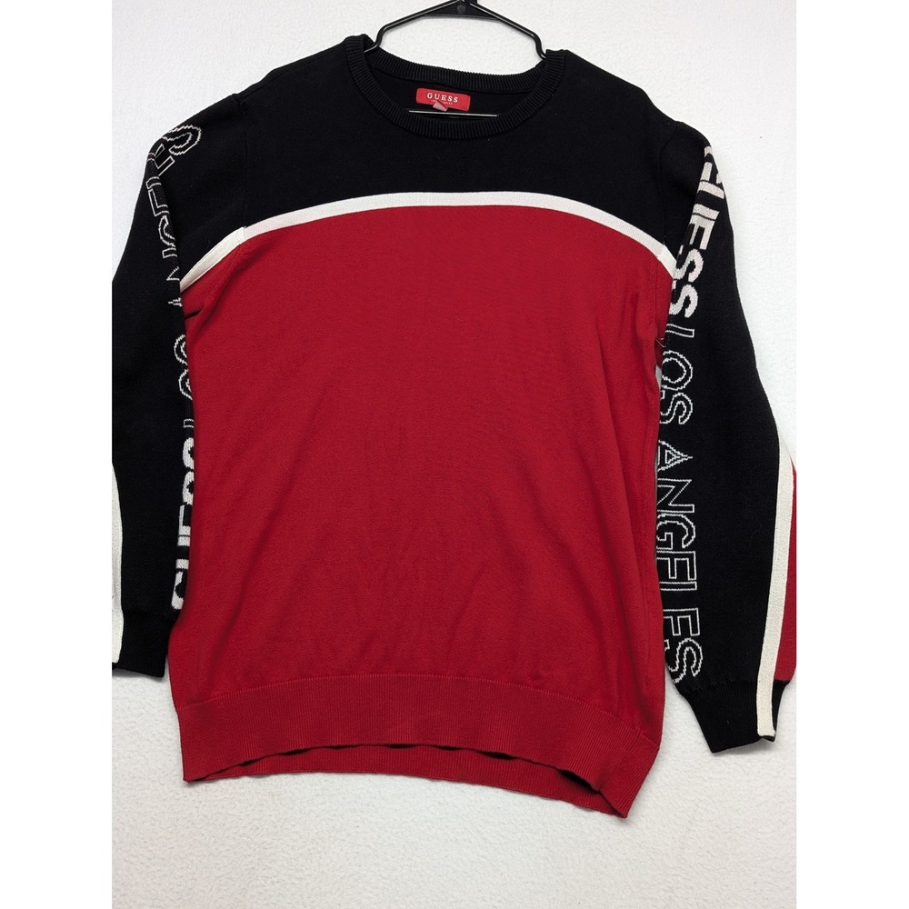 Guess Los Angeles Mens Red Black Colorblock Crewneck Sweater XL T2YR00R2RG0